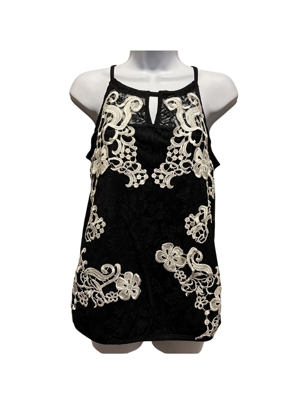 INC Lace Mesh Keyhole Tank NWT Black White Dressy Top Women’s Size M
